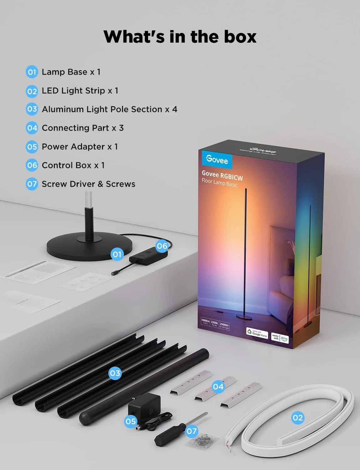 Govee RGBIC Floor Lamp, LED Corner Lamp Works with Alexa, 1000 Lumen Smart Modern Floor Lamp with Music Sync and 16 Million DIY Colors, Color Changing Standing Lamp for Bedroom Living Room Black