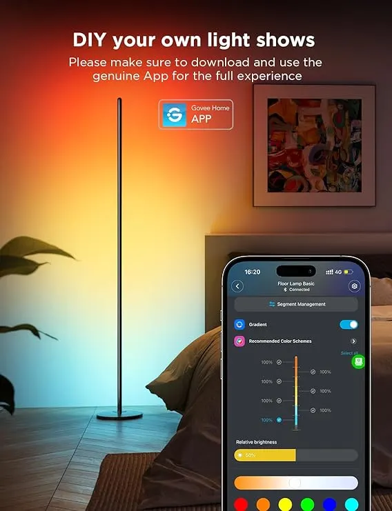 Govee RGBIC Floor Lamp, LED Corner Lamp Works with Alexa, 1000 Lumen Smart Modern Floor Lamp with Music Sync and 16 Million DIY Colors, Color Changing Standing Lamp for Bedroom Living Room Black