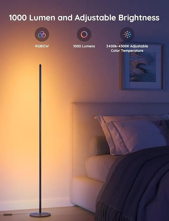 Govee RGBIC Floor Lamp, LED Corner Lamp Works with Alexa, 1000 Lumen Smart Modern Floor Lamp with Music Sync and 16 Million DIY Colors, Color Changing Standing Lamp for Bedroom Living Room Black