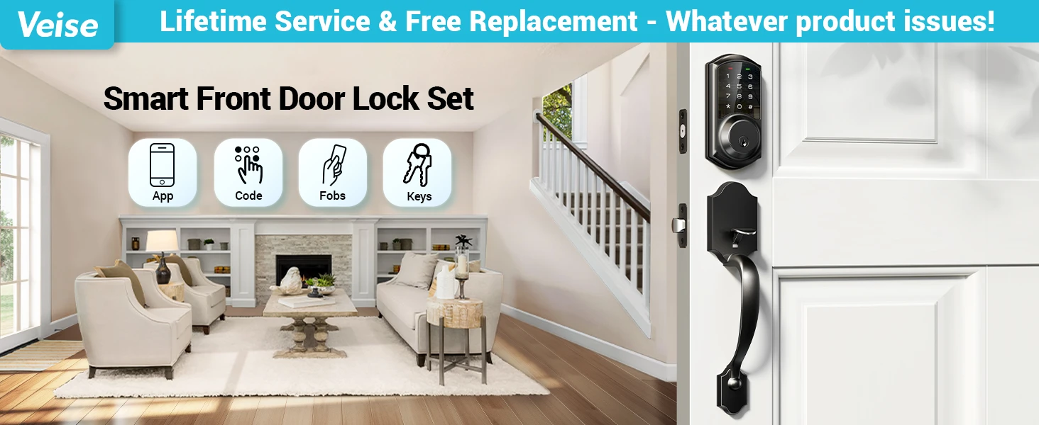 Veise Smart Front Door Lock Set, App Control, Keyless Entry Deadbolt with Lever Handle, Electronic Digital Touchscreen Keypad, Auto Lock, Easy Install, Matte Black
